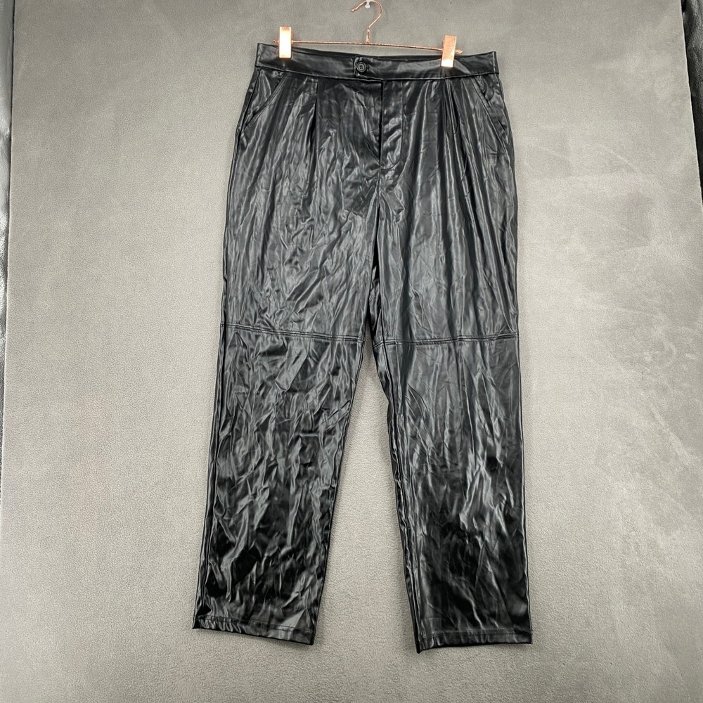 Halston Black Faux Leather Pleated Straight Leg Pants Womens Medium